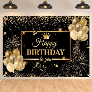 Elegant black and gold Happy Birthday backdrop banner with balloons and fireworks