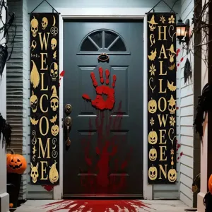 Spooky Halloween porch welcome banners with skull and pumpkin design for home decor