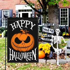 Dekorative Halloween-Gartenfahne mit gruseligem Kürbisgesicht und Happy Halloween