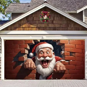 Festive Christmas garage door banner featuring a funny Santa Claus peeking through brick wall