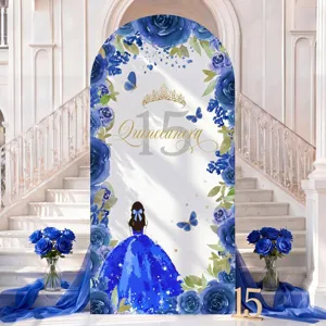 Sfondo fotografico ad arco con rose blu per festa 15° compleanno della Quinceañera.