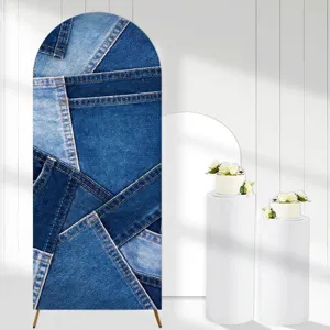 Blue denim patchwork print arch backdrop cover for birthday party and baby shower decoration