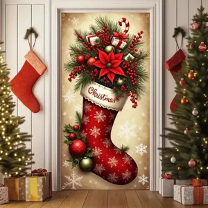 Festive Christmas door banner banner featuring red stocking and floral design print