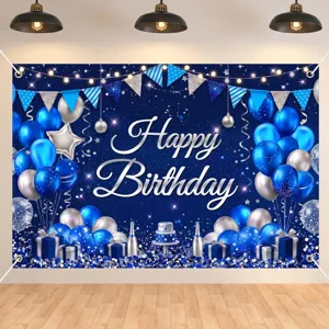 Blue and silver Happy Birthday banner backdrop with balloons, gift boxes, and flags print