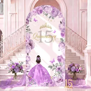 Sfondo ad arco floreale viola elegante per decorazione festa 15 anni Quinceañera.