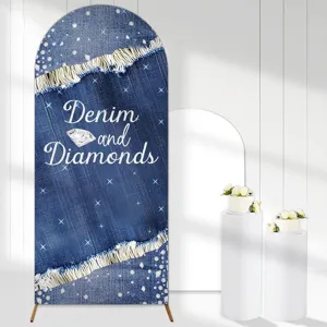 Premium blue denim print arched backdrop cover featuring Denim and Diamonds party theme text