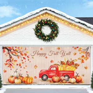 Herbstliche Garagentor-Banner mit rotem LKW und Kürbis-Dekoration für Thanksgiving