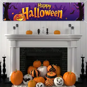 Happy Halloween banner decoration for fireplace and party with pumpkin and bat motifs