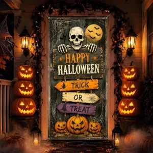Halloween scary door banner hanging decoration with skeleton pumpkin print for party decor.