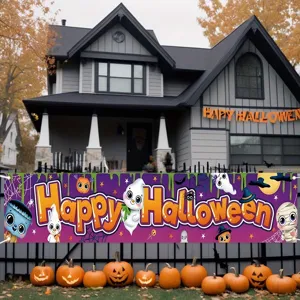 Colorful Happy Halloween yard banner with cute cartoon ghost and pumpkin characters