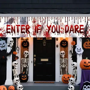 Spooky Halloween outdoor banner with bloody handprints and Enter If You Dare text decor