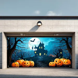 Large Halloween garage door banner decoration featuring spooky house and glowing pumpkins