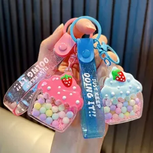 Cute Cartoon Ice Cream Cupcake Liquid Quicksand Keychain Clear Acrylic Strawberry Oil Bottle Keyring Glitter PVC Strap Bag Pendant For Car Keys Women Girls Gift