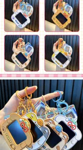 Close-up of cute cartoon cat and dog mini doodle board keychains with colorful designs