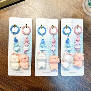 Adorable pig and rabbit resin beaded keychains set for creative bag and phone charms