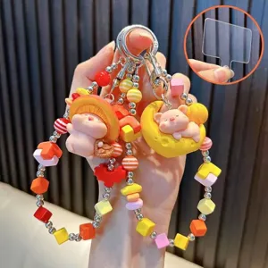 Cute Cartoon Pig Beaded Phone Strap Dopamine Colorful Keychain Bag Charm For Girls Silicone Resin Acrylic Hanging Gift