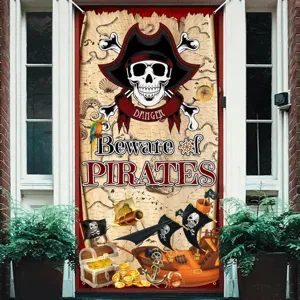 Retro-Piraten-Schatzkarte Türabdeckung mit Totenkopf und Goldmünzen für Halloween-Feier