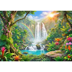 Tropical rainforest waterfall backdrop with vibrant jungle plants and rainbow scenery