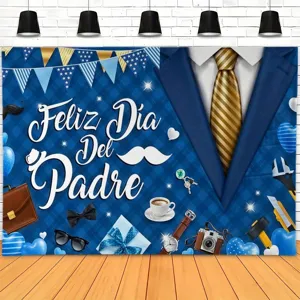 Sfondo fotografico per la festa del papà a quadri blu con scritta Feliz Día Del Padre e abito