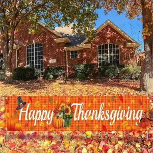 Striscione Happy Thanksgiving con zucca e foglie autunnali per decorazione giardino