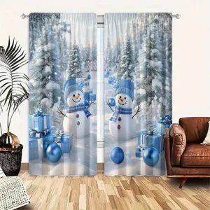 Festive blue Christmas curtains with snowmen and gift boxes in winter forest scene