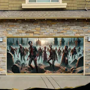 Pancarta decorativa para puerta de garaje de Halloween con escena de cementerio zombie