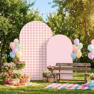 Set di fondali ad arco rosa a quadretti e tinta unita per feste in giardino ed eventi