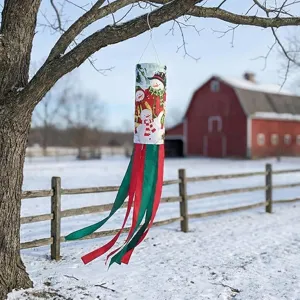 Festive Christmas snowman windsock outdoor hanging decoration with red and green ribbons for yard