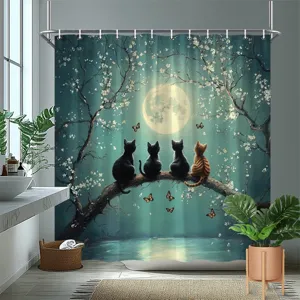 Whimsical cats under full moon shower curtain with cherry blossoms digital print decor