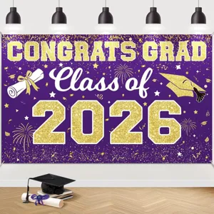 Purple and gold Class of 2026 graduation party backdrop banner with glitter effect