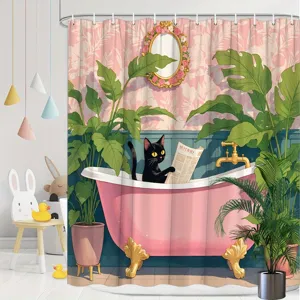 Cartoon black cat in bathtub shower curtain for bathroom decor and partition