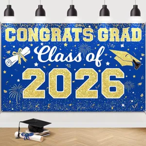 Blue and gold Class of 2026 graduation backdrop for high school and college party