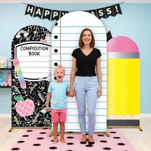 Back-to-school themed arched backdrop covers with pencil and notebook designs for parties