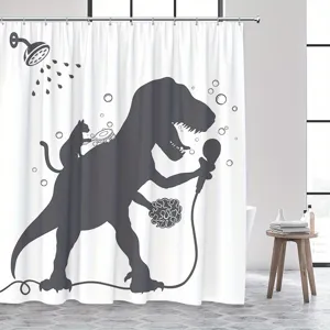 Lustiger Dinosauriër Katze Druck Duschvorhang Wasserdicht Polyester Badezimmer Trennvorhang Mit Haken Kreatives Tier Bad Dekor
