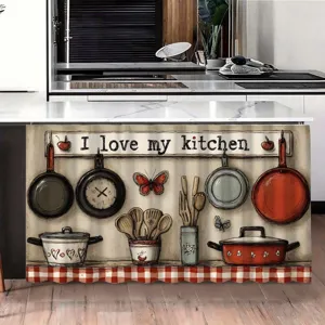 Cortina decorativa de tela para debajo del fregadero con motivos de cocina y texto impreso