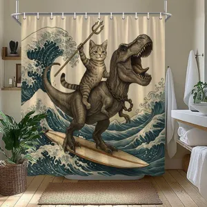 Witziger Dinosaurier Katze Duschvorhang Polyester wasserdichter Badezimmer Vorhang Dekoration