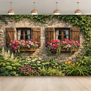 Sfondo fotografico paesaggio giardino naturale con muro di pietra e fioriere per finestre
