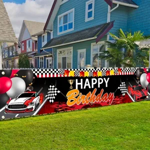 Rennwagen Thema Happy Birthday Banner Polyester Geblokte Vlag Sportwagen Print Buitentuin Feest Decoratie Bord Achtergrond