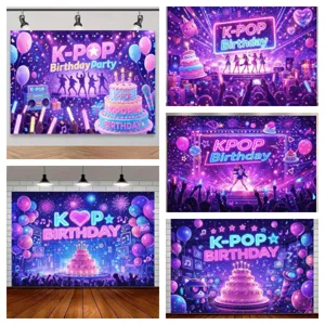Fondo de Fiesta de Cumpleaños K-POP Decoración de Fotografía de Concierto de Música Púrpura Azul Neón Tapiz de Poliéster Banner para Fans