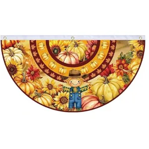 Thanksgiving autumn harvest fan-shaped flag with pumpkins and scarecrow for outdoor decor