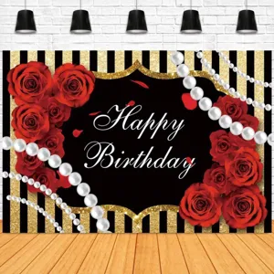 Happy Birthday Fotohintergrund Hintergrund Schwarz Weiß Gestreift Rote Rosen Floral Perlen Gold Glitzer Polyester Banner Party Dekoration
