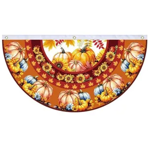 Thanksgiving pleated fan flag with autumn harvest pumpkin and sunflower design for outdoors