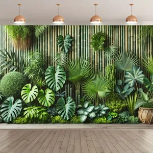 Sfondo di foresta tropicale con bambù e foglie di monstera per fotografia professionale