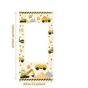 Fotohintergrund mit Baufahrzeugen für Kindergeburtstage mit Ausschnitt, 120x60 cm
