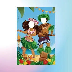 Fondo de fotomatón de fiesta hawaiana Luau con recortes de cara de bailarín para eventos