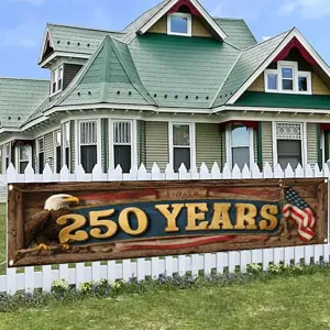 Patriotic US 250th anniversary garden fence banner with eagle and American flag