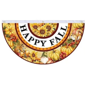 Semi-circular Thanksgiving outdoor flag featuring sunflowers and Happy Fall harvest theme