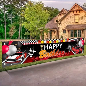 Raceauto thema gelukkige verjaardag tuinbanner met geblokte vlaggen en rode sportwagens decor