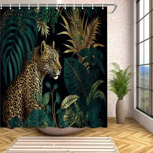 Luxuriöser Duschvorhang mit Leoparden- und Tropenblatt-Digitaldruck für das Badezimmer
