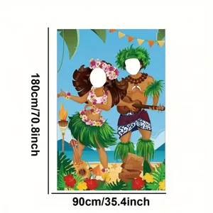Fondo fotográfico para fiesta hawaiana con recortes de cara y tema tropical de verano